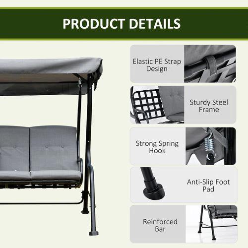 Outsunny 3 Seater Swing Chairs Thick Padded Seat Hammock Canopy Bench Bed - Grey - Hammocks