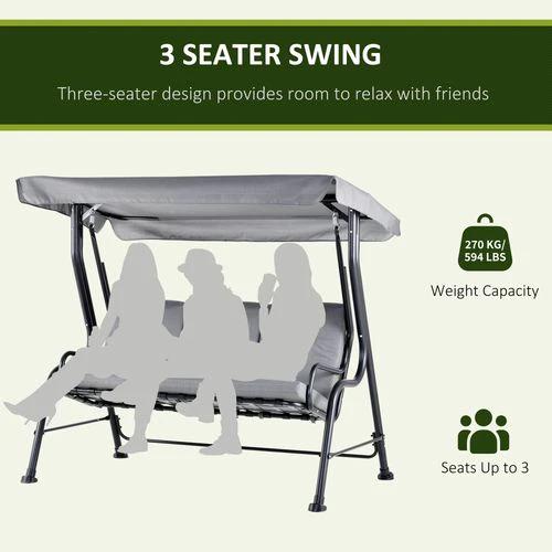 Outsunny 3 Seater Swing Chairs Thick Padded Seat Hammock Canopy Bench Bed - Grey - Hammocks