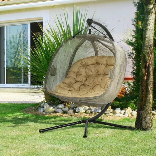 Outsunny Double Hanging Egg Chair 2 Seaters Swing Hammock w/ Cushion, Brown - Hammocks