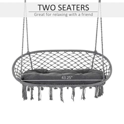 Hanging Hammock Chair Cotton Rope Swing & Metal Frame Large Macrame, Dark Grey by Outsunny