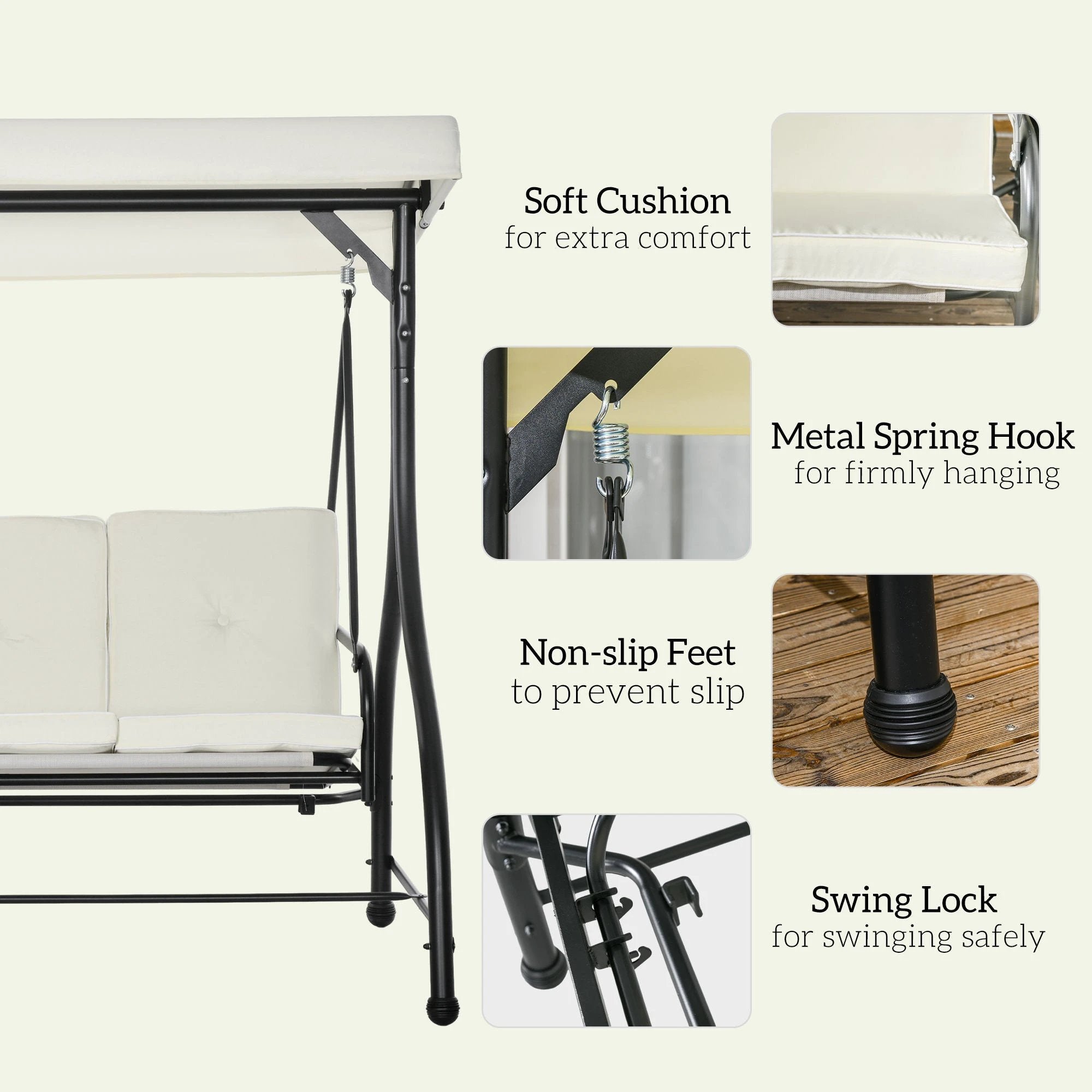 Outsunny Outsunny 3 Seater Canopy Swing Chair Porch Hammock Bed Rocking Bench Cream White - Hammocks