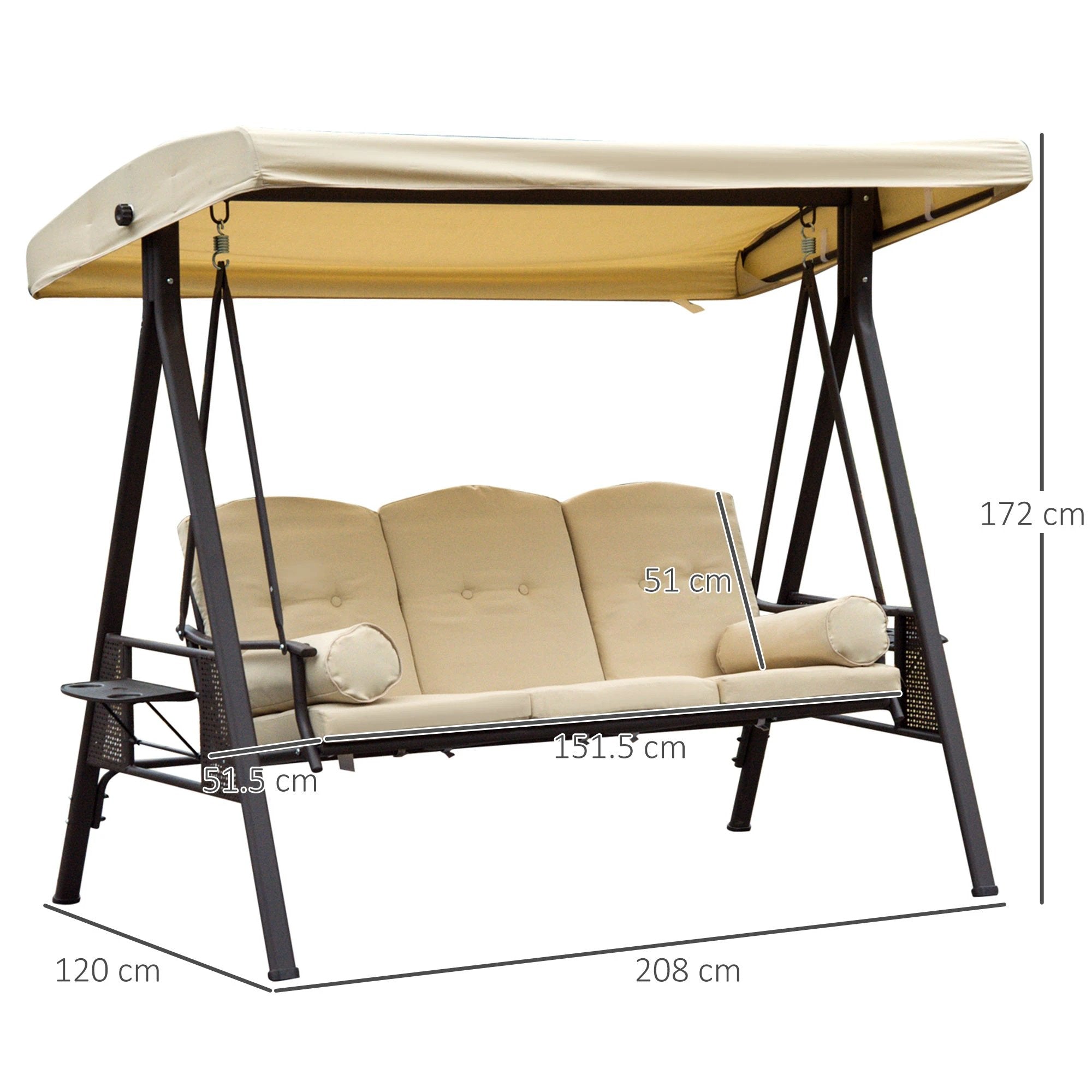 Steel Swing Chair Hammock Garden 3 Seater Canopy Cushion Shelter Beige by Outsunny