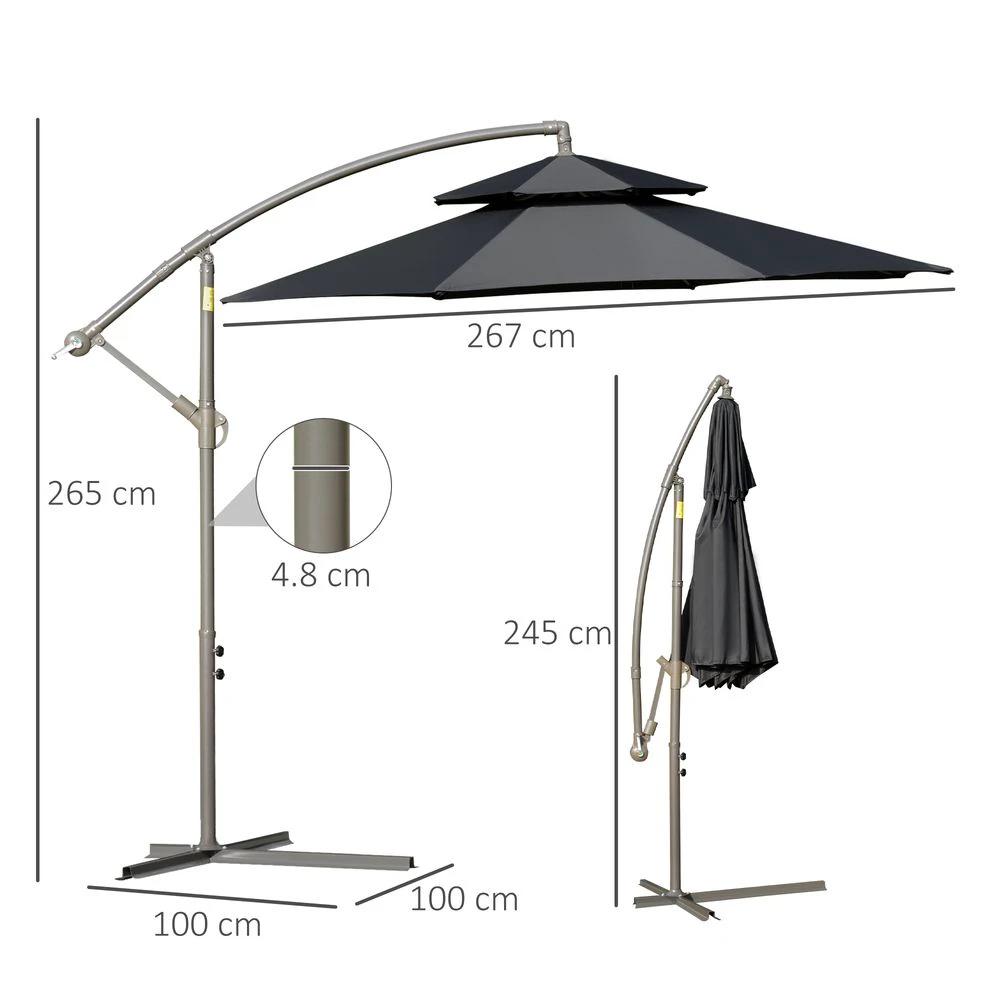 2.7m Banana Parasol Cantilever Handle, Cross Base Black by Outsunny