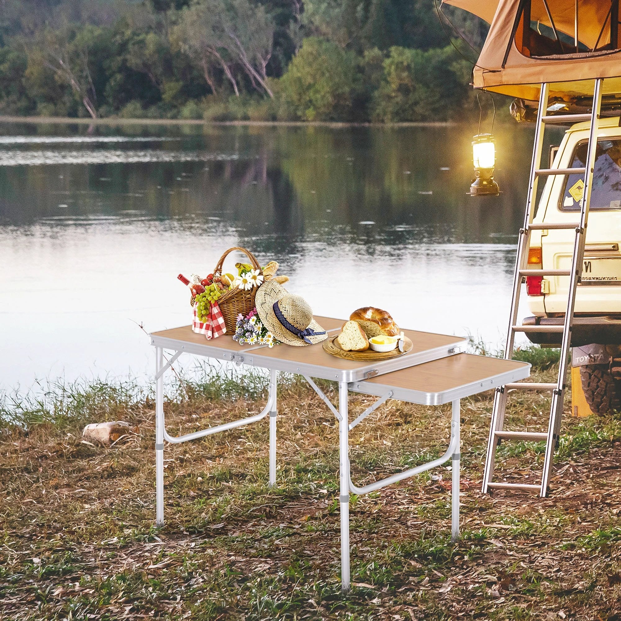 Outsunny Outsunny 3ft Aluminium Picnic Table w/Side Desktop Outdoor BBQ Party Portable - Picnic Tables