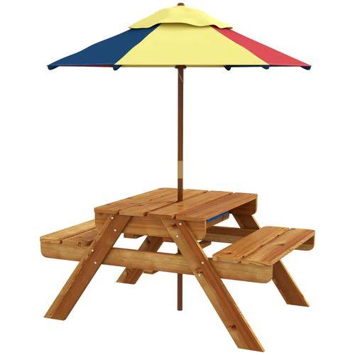 Outsunny Outsunny Kids Picnic Table Set w/ Sand and Water, Removable Parasol - Brown - Picnic Tables