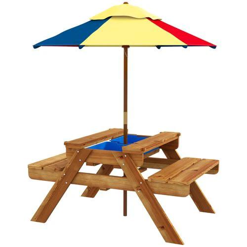 Outsunny Outsunny Kids Picnic Table Set w/ Sand and Water, Removable Parasol - Brown - Picnic Tables