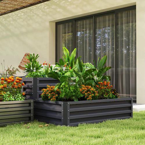 Outsunny 2 Tier Galvanised Raised Garden Bed Planter Box Open Bottom Dark Grey by Outsunny