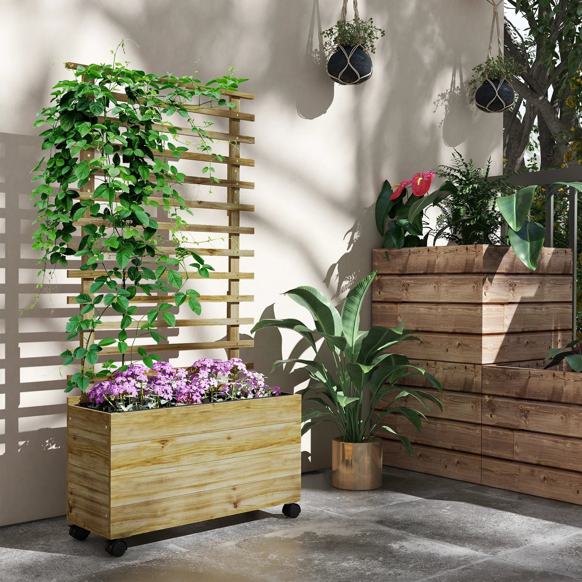 Outsunny Outsunny Garden Wooden Trellis Planter Box Raised Bed w/ 4 Wheels, Natural - Raised Beds