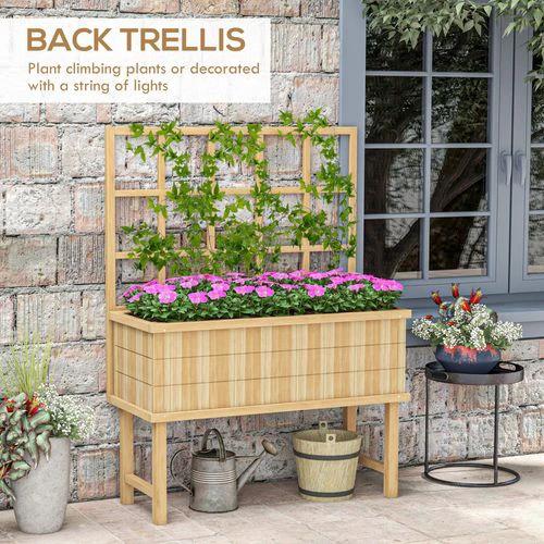 Outsunny Outsunny Wood Raised Planter w/ Trellis Drain Holes Elevated Garden Bed Natural - Raised Beds