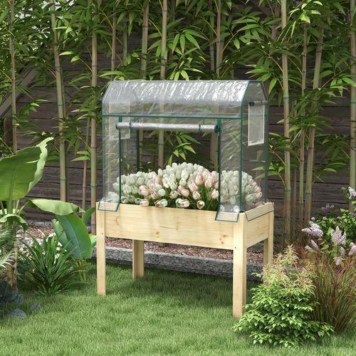 Outsunny Outsunny Wooden Raised Planter, Garden Bed with Greenhouse Cover and Bed Liner - Raised Beds