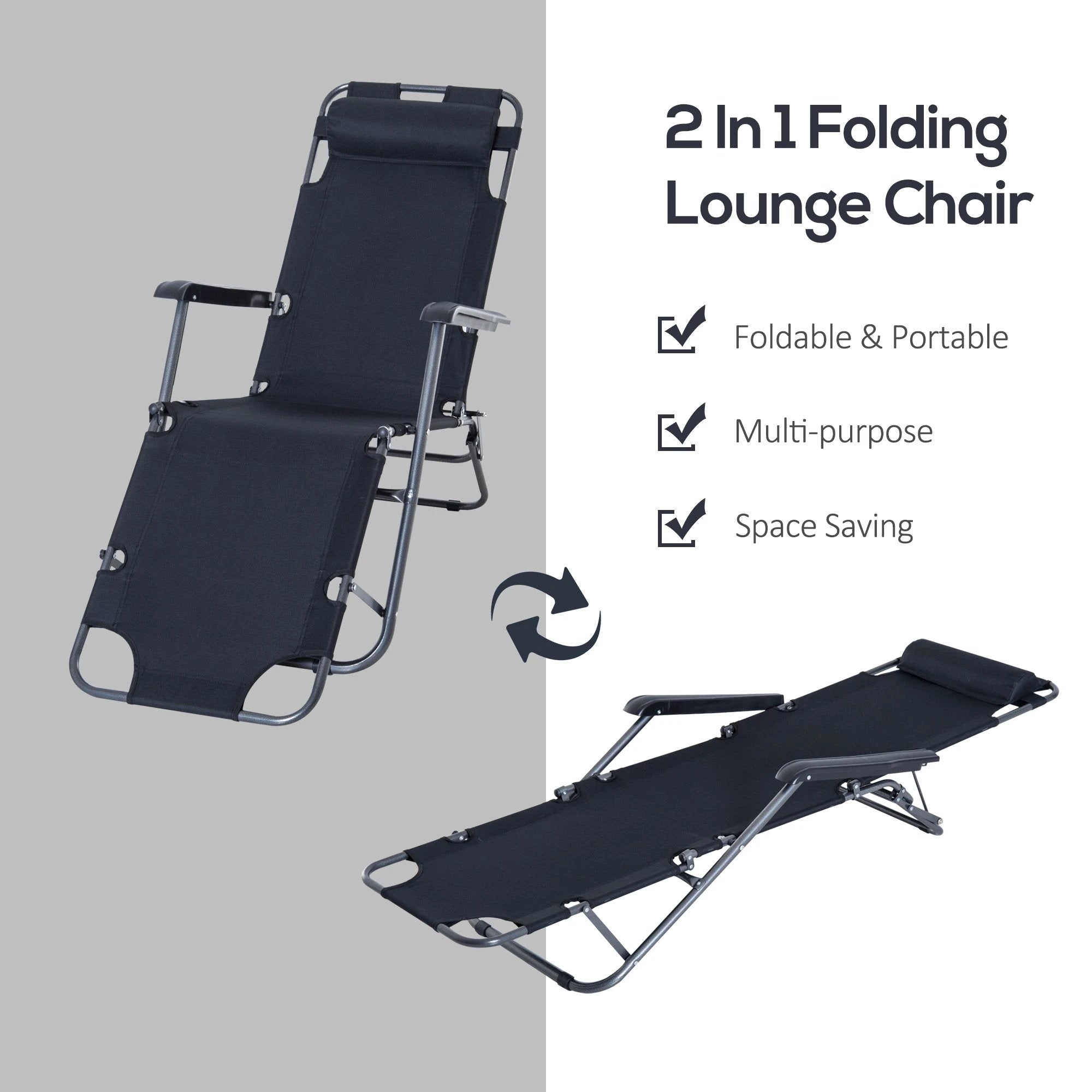 2 in 1 Sun Lounger Folding Reclining Chair Camping Adjustable Back & Pillow by Outsunny