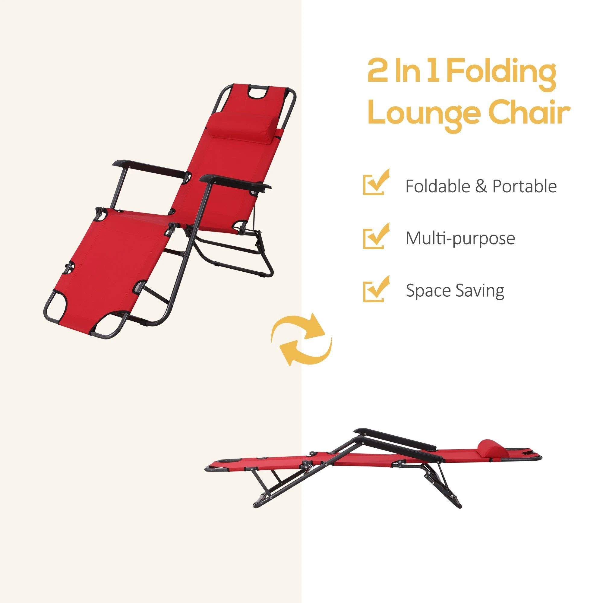 Outsunny 2 in 1 Sun Lounger Folding Reclining Chair Camping Adjustable Back & Pillow - Sun Lounger
