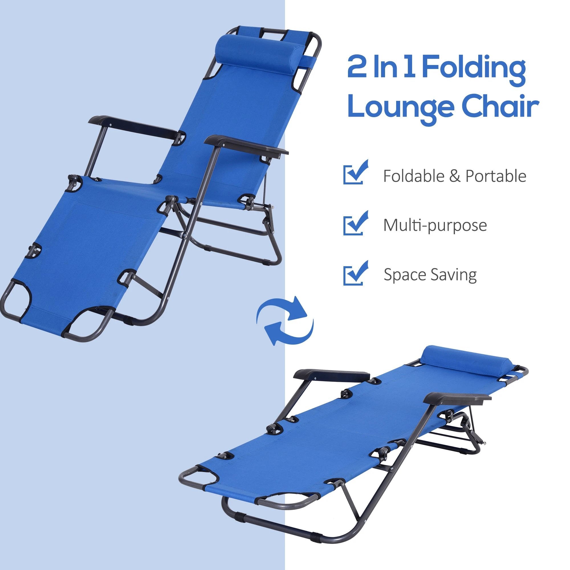 2 in 1 Sun Lounger Folding Reclining Chair Camping Adjustable Back & Pillow by Outsunny