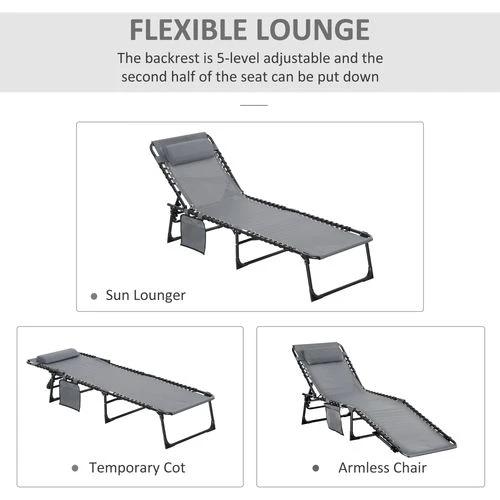 Outsunny Portable Sun Lounger, Reclining Lounge Chair 5-position Adjustable Pillow Grey - Sun Lounger