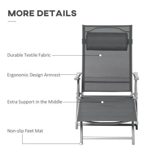 Sun Lounger Folding Chaise Chair Recliner & 7 Adjustable Backrest - Dark Grey by Outsunny