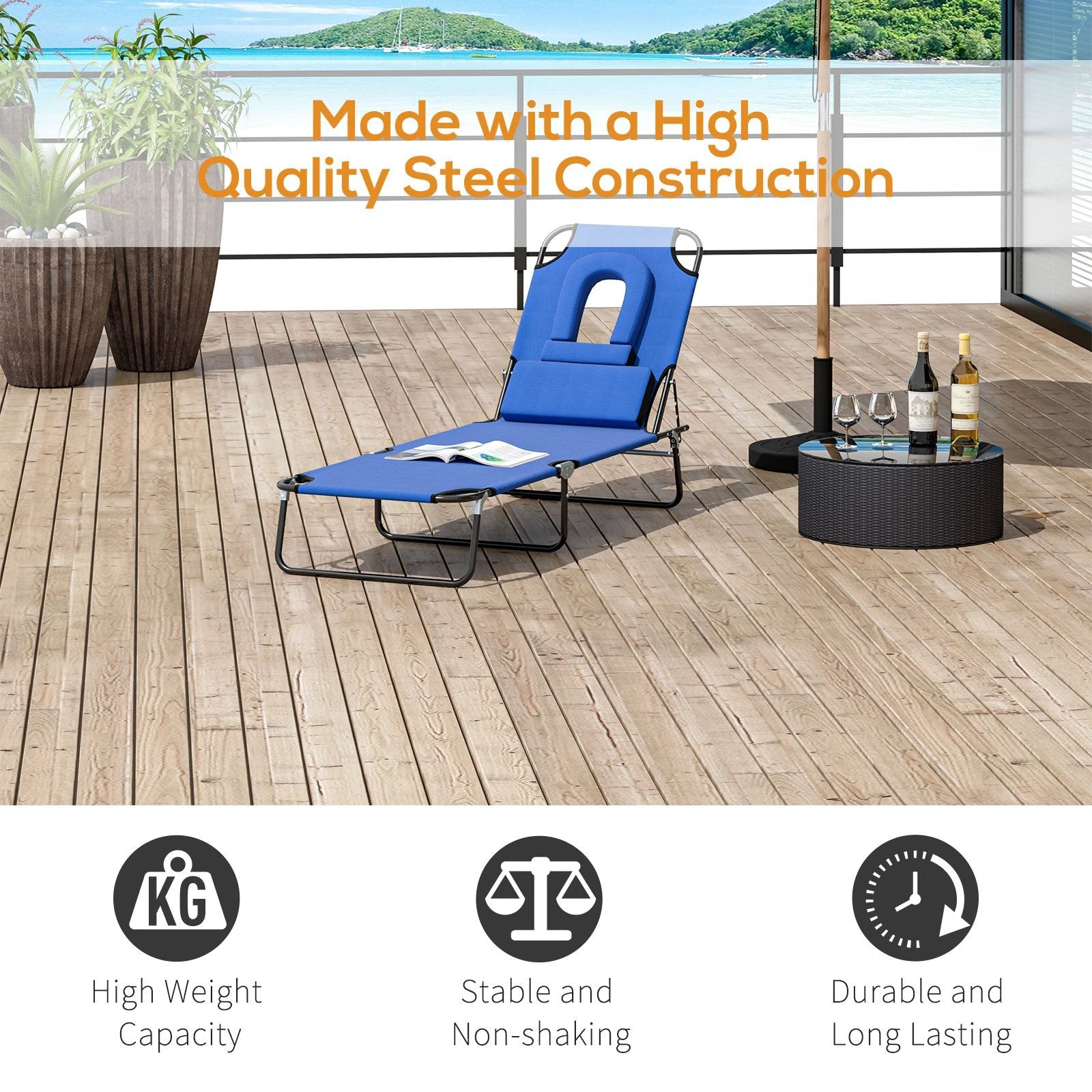 Folding Sun Lounger Reclining Chair w/ Pillow Reading Hole by Outsunny