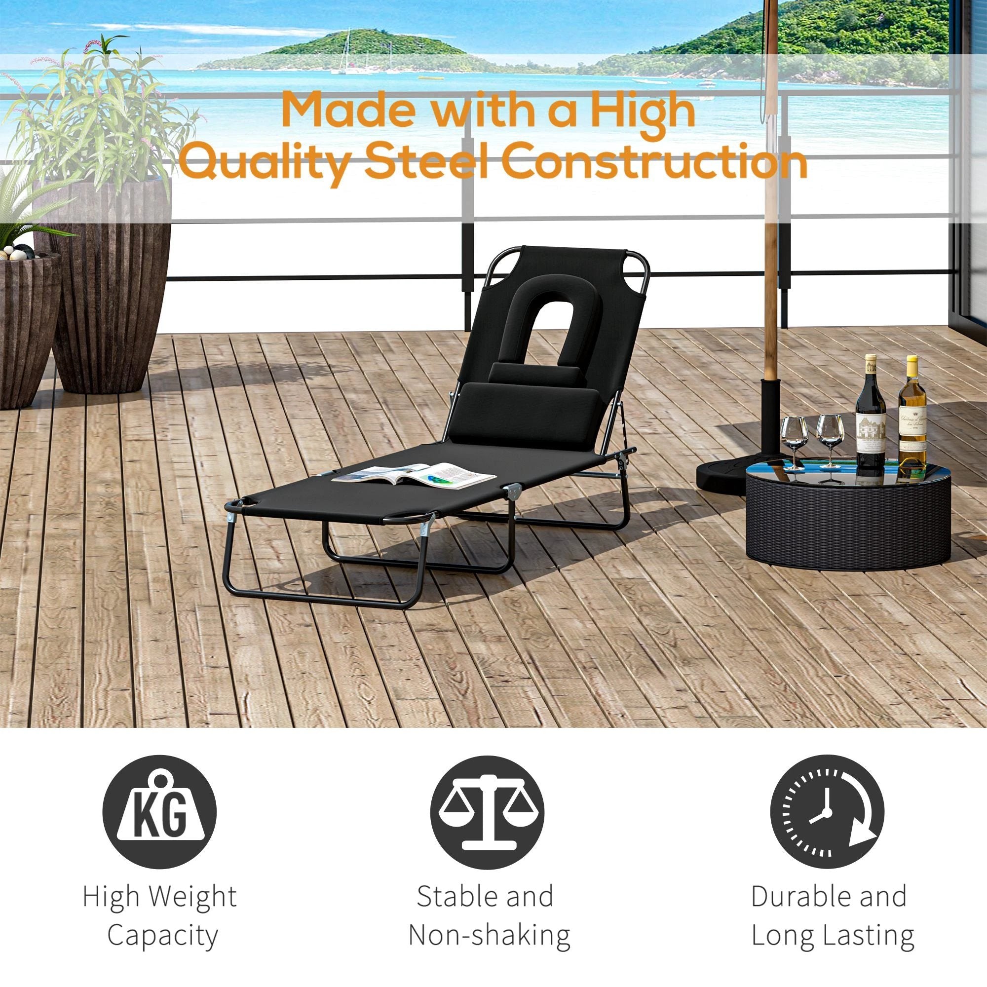 Folding Sun Lounger Reclining Chair w/ Pillow Reading Hole by Outsunny