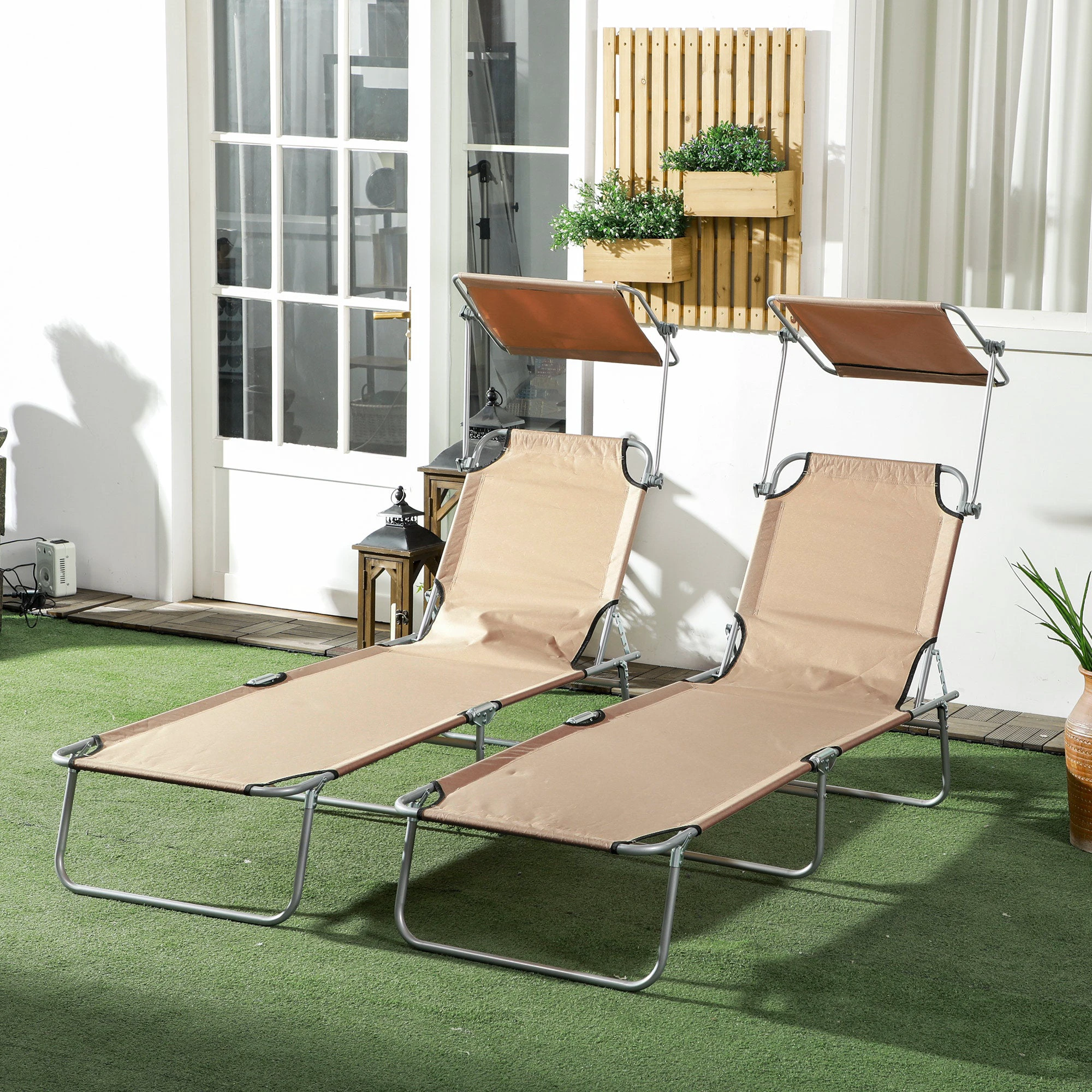 Outsunny Outsunny Folding Sun Lounger Set of 2 with Sunshade Adjustable Backrest - Uncategorized Sun Lounger