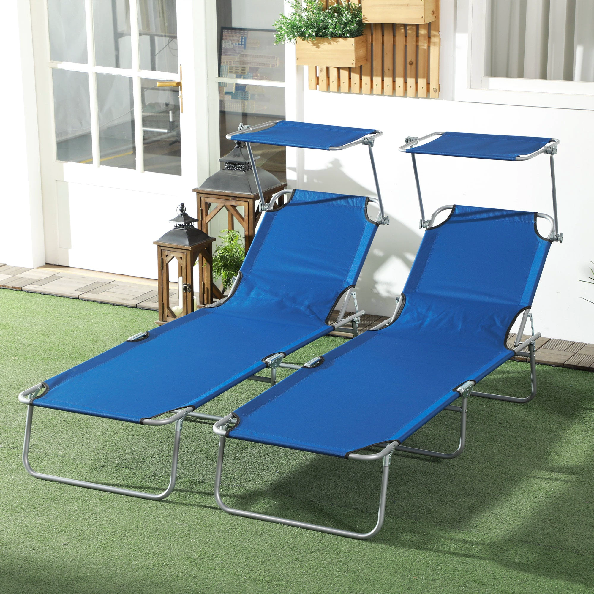 Outsunny Outsunny Folding Sun Lounger Set of 2 with Sunshade Adjustable Backrest - Uncategorized Sun Lounger