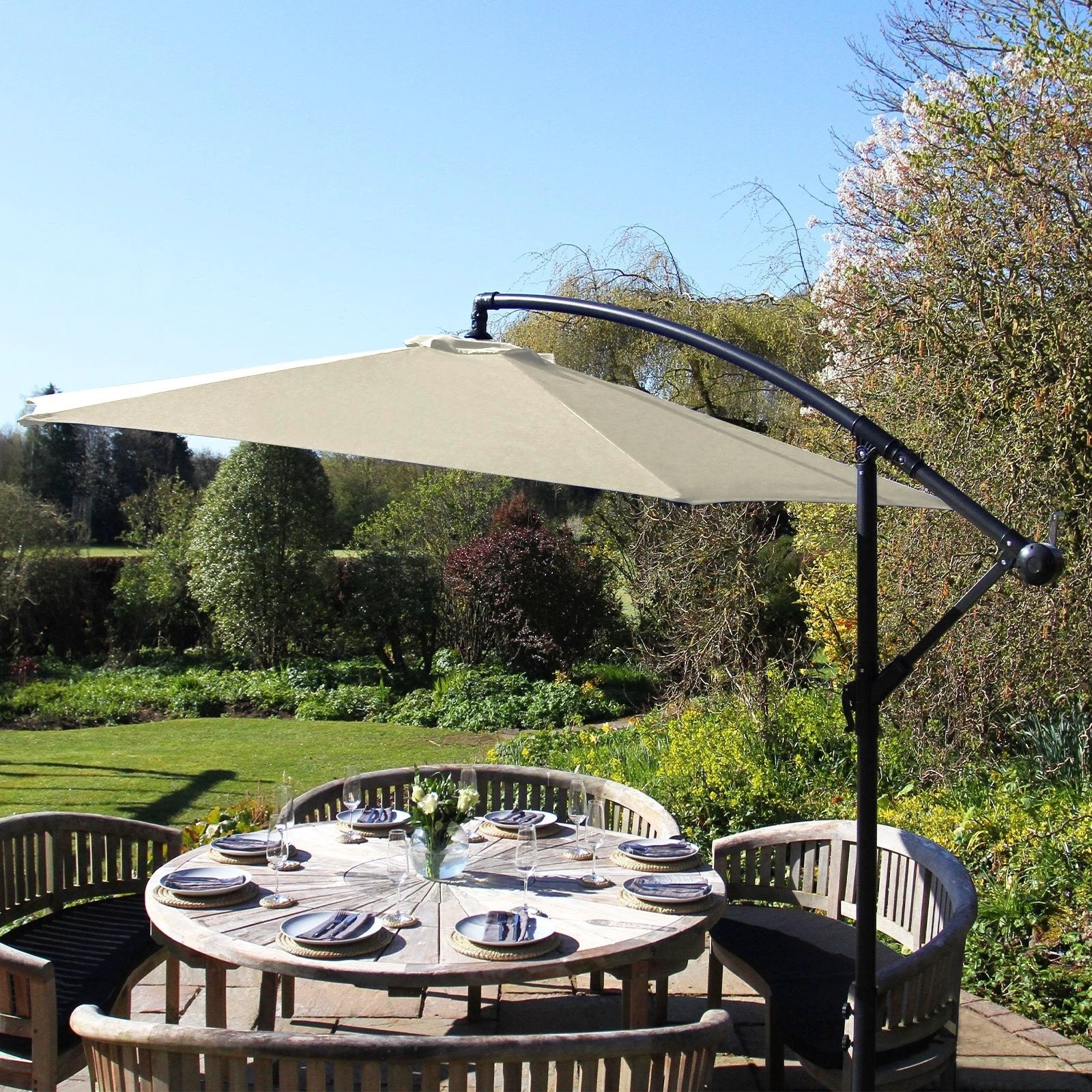Monster Shop Premium Cream Cantilever Parasol With Fan Base Crank Winding For UV Protected Outdoor Patio - Uncategorized Parasol