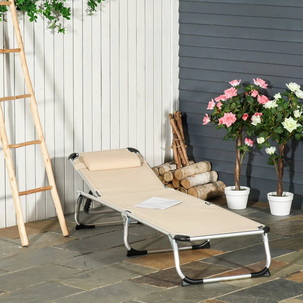 Outsunny Foldable Reclining Sun Lounger Lounge Chair Camping Bed Cot with Pillow - Sun Lounger