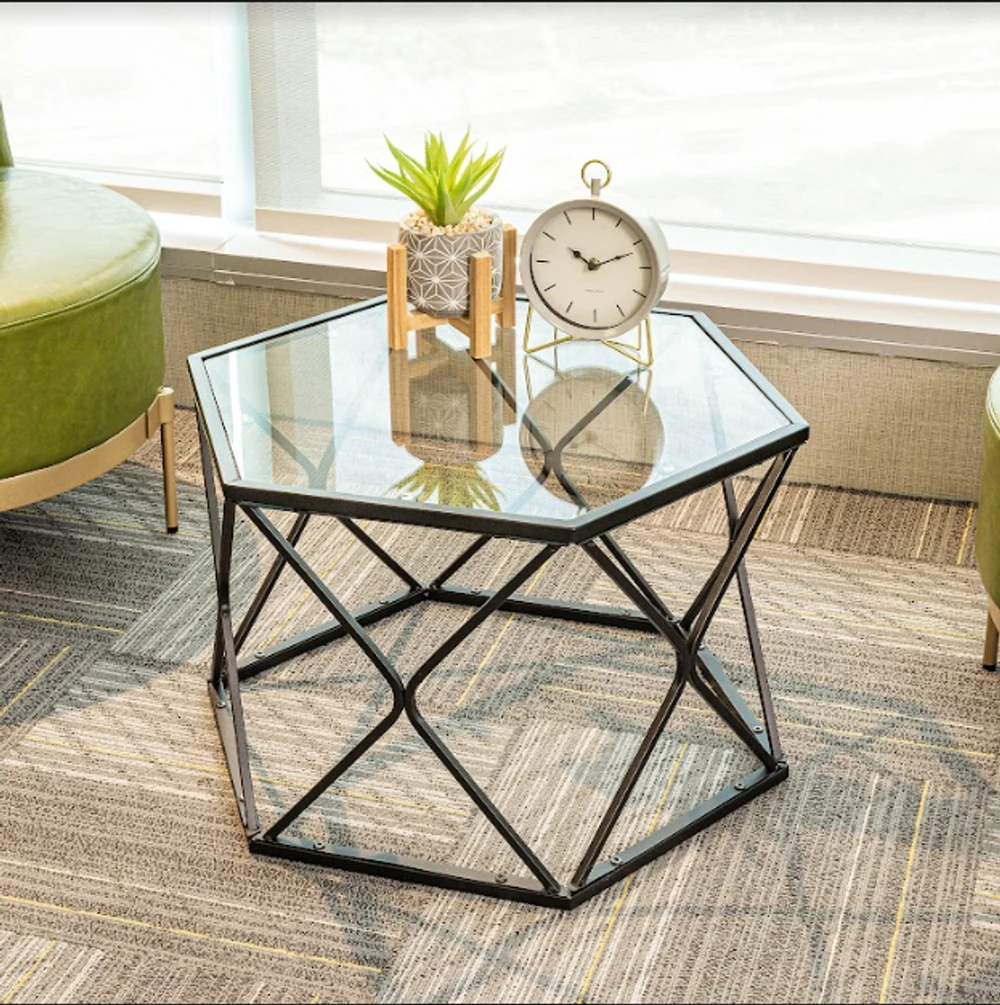 Hexagon Tempered Glass Black Coffee Side Table (Big) - SLENDER by Slender