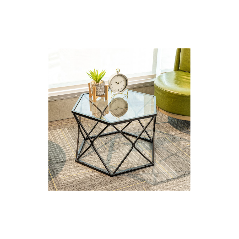 Hexagon Tempered Glass Black Coffee Side Table (Big) - SLENDER by Slender