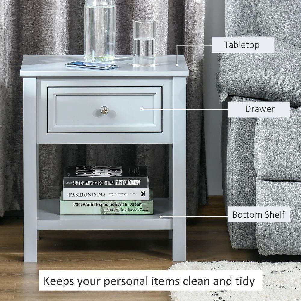 Boxy Accent Bedside End Table Nightstand Drawer Shelf Grey