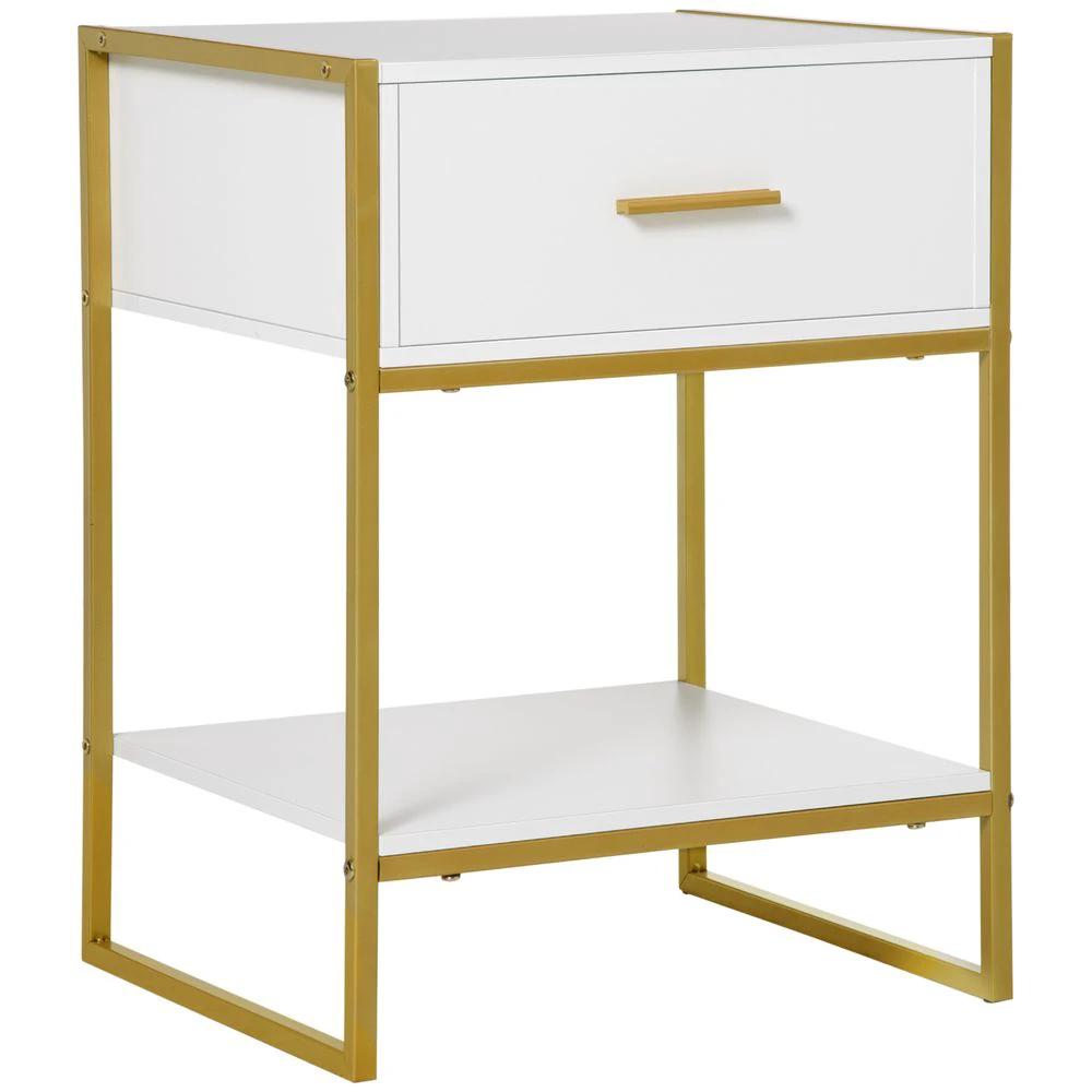 Modern Bedside Table Side Table Nightstand w/ Drawer Shelf White Gold by Unbranded