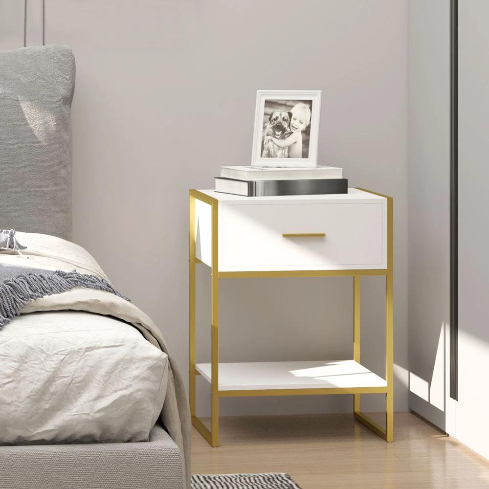 Modern Bedside Table Side Table Nightstand w/ Drawer Shelf White Gold by Unbranded