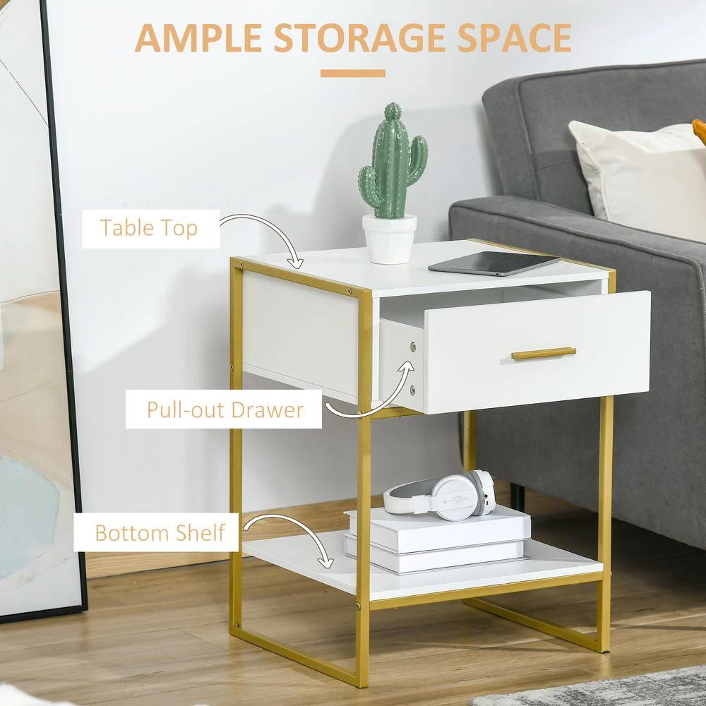 Modern Bedside Table Side Table Nightstand w/ Drawer Shelf White Gold by Unbranded