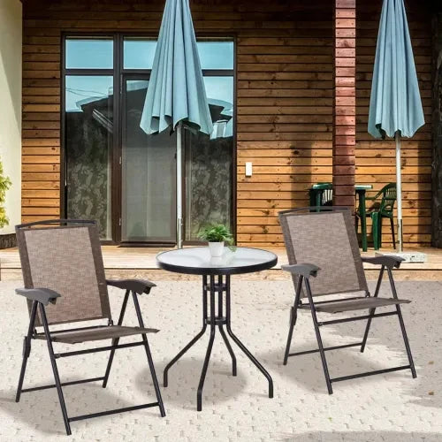 3 PCS Patio Furniture Bistro Set with Folding Chairs Tempered Glass Table Brown by Unbranded