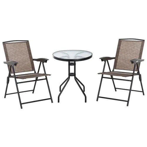3 PCS Patio Furniture Bistro Set with Folding Chairs Tempered Glass Table Brown by Unbranded