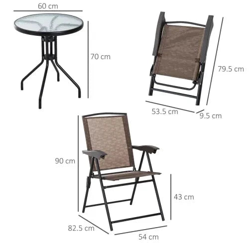 3 PCS Patio Furniture Bistro Set with Folding Chairs Tempered Glass Table Brown by Unbranded