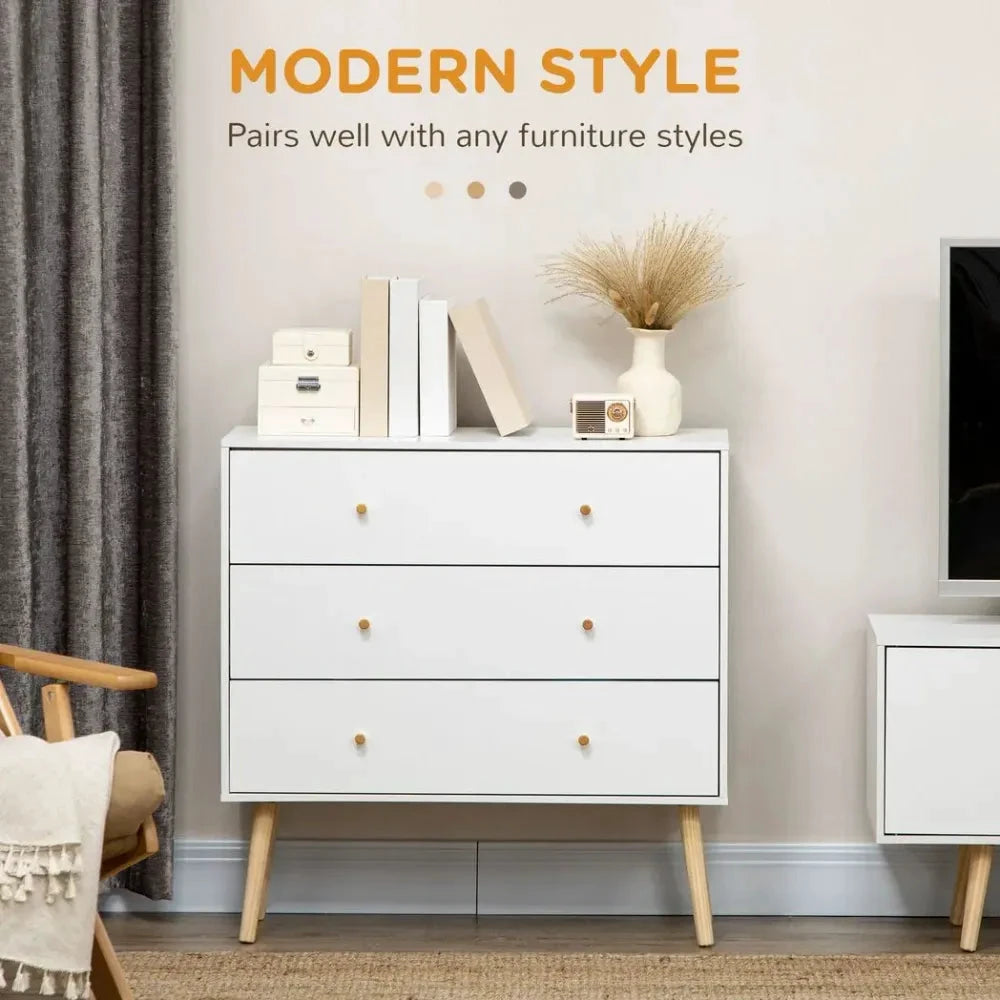 Unbranded Chest of Drawers 3-Drawer Dresser Storage Organiser with Wood Legs, White - Chest of Drawers