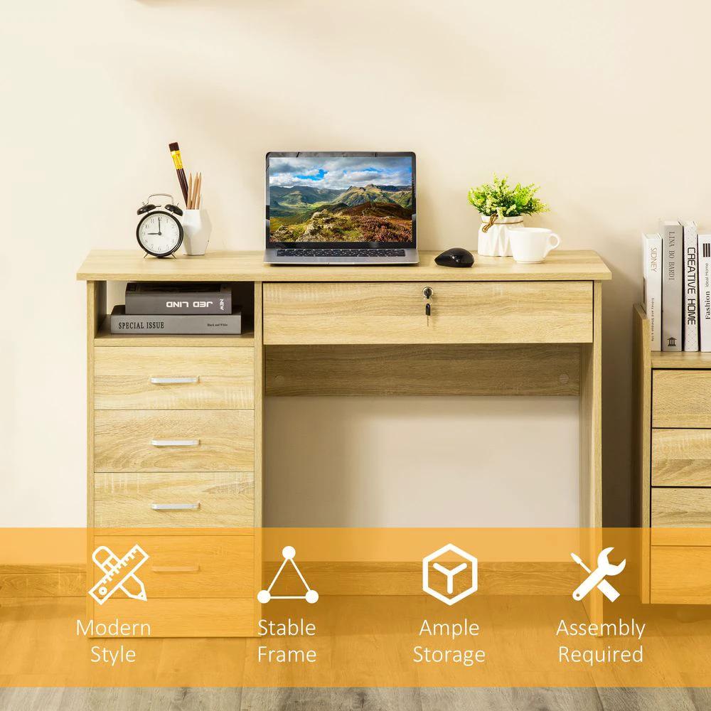 Unbranded Computer Desk Writing Desk with Five Drawers for Home Office Oak - Desks Desk