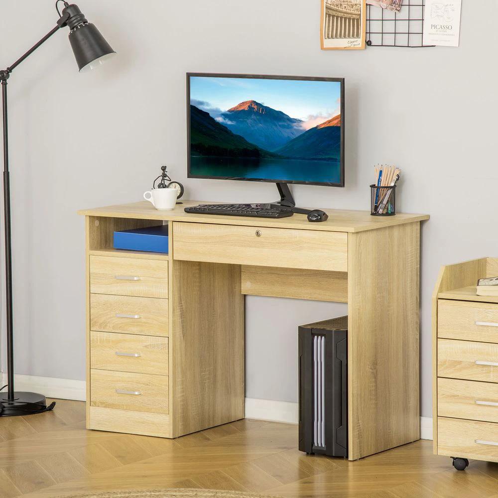 Unbranded Computer Desk Writing Desk with Five Drawers for Home Office Oak - Desks Desk