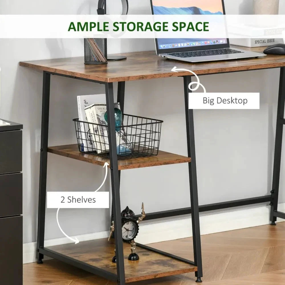 Writing Desk Working Station Home Office Table with 2 Shelves Steel Frame by Unbranded