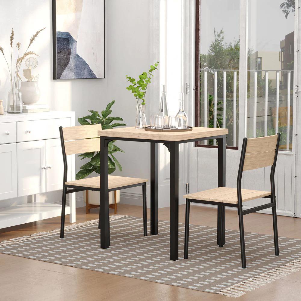 3 Pcs Compact Dining Table 2 Chairs Set Wooden Metal Legs Kitchen by Unbranded