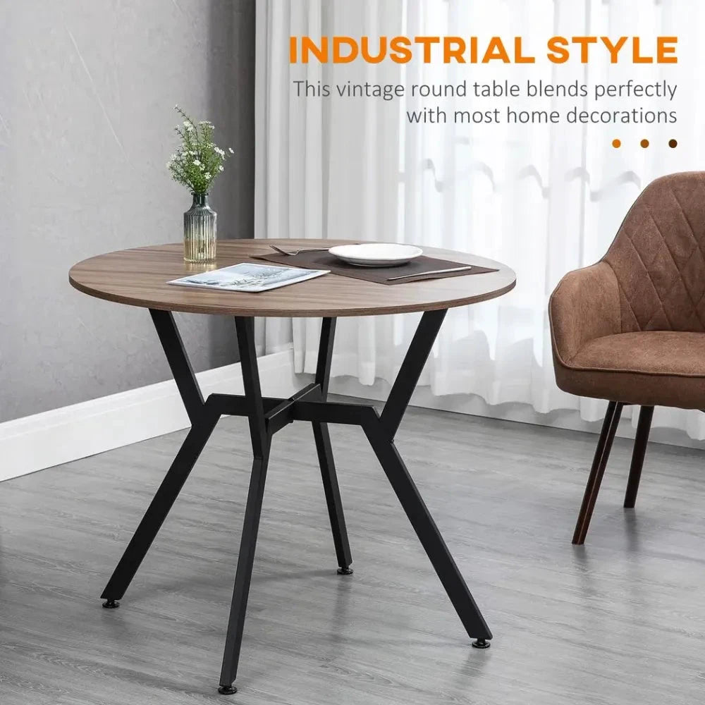Industrial Dining Table with Round Top Steel Legs for Kitchen Dining Room Brown by Unbranded