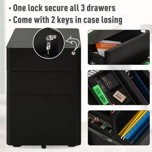 Unbranded 3 Draw Metal Filing Cabinet Lockable 4 Wheel Compact Under Desk Black Vinsetto - Filing Cabinet