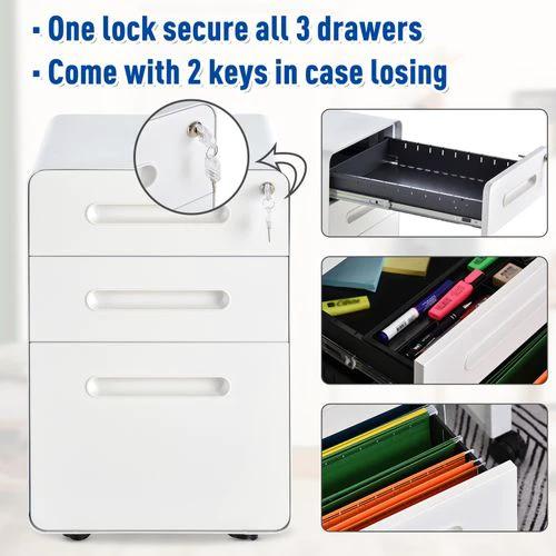 Unbranded 3 Draw Modern Steel Filing Cabinet w/ 4 Wheels Lock Pencil Box White Vinsetto - Filing Cabinet