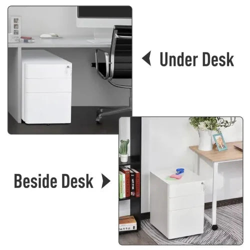 Unbranded 3 Drawer Metal Filing Cabinet Lockable 4 Wheels Compact Under Desk White - Filing Cabinet