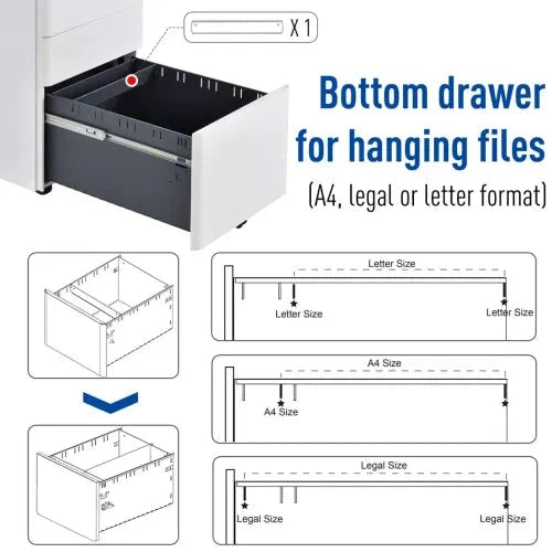 Unbranded 3 Drawer Metal Filing Cabinet Lockable 4 Wheels Compact Under Desk White - Filing Cabinet