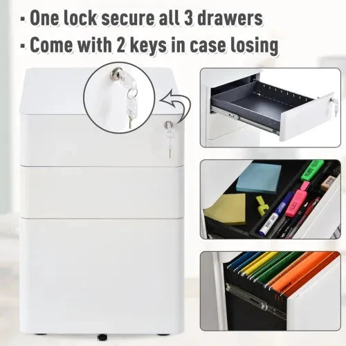 Unbranded 3 Drawer Metal Filing Cabinet Lockable 4 Wheels Compact Under Desk White - Filing Cabinet