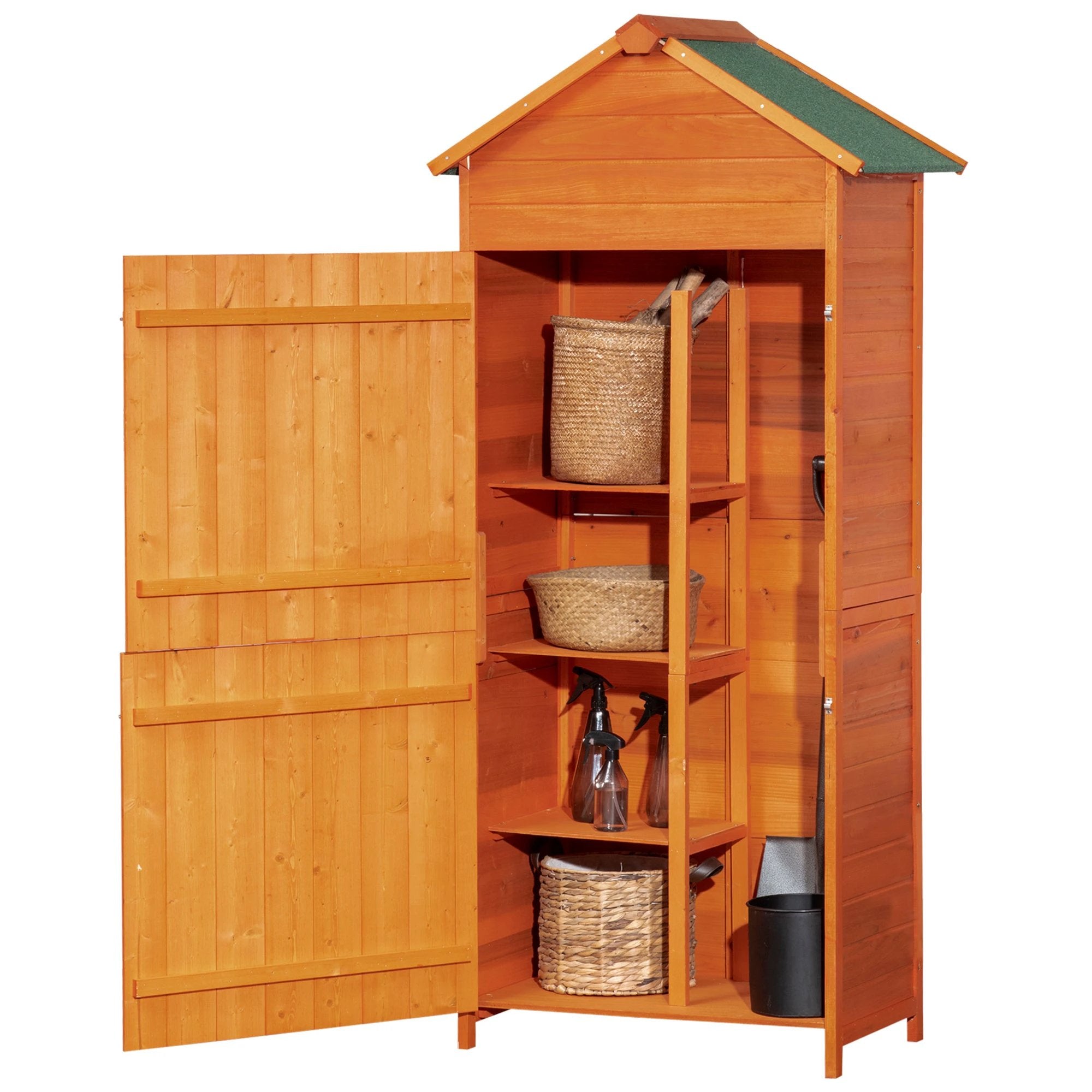 Wooden Garden Shed Outdoor Shelves Utility Tool Storage Cabinet Teak Outsunny by Unbranded