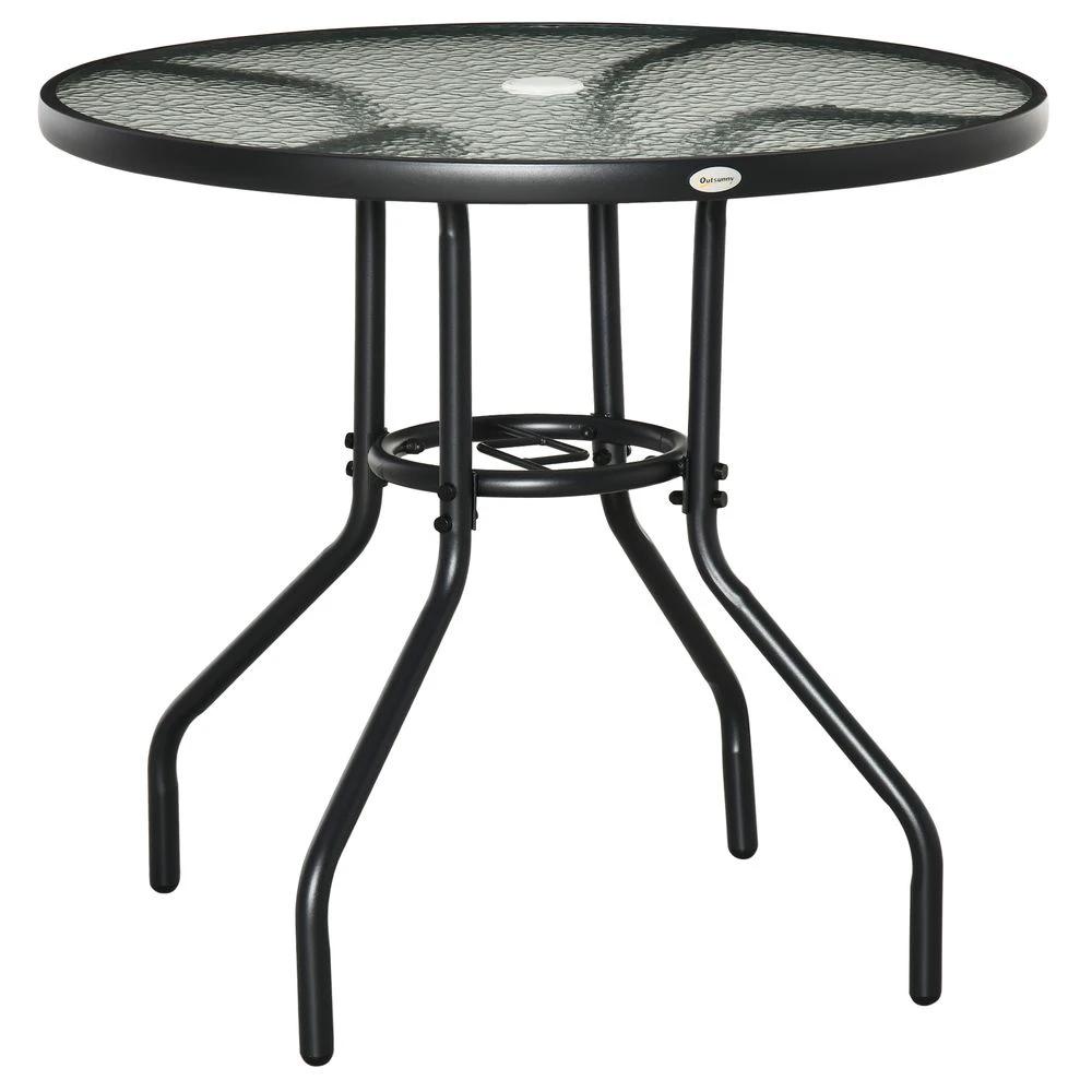 Unbranded Outdoor Round Dining Table Tempered Glass Top Steel w/ Parasol Hole 80cm - Uncategorized Garden Table