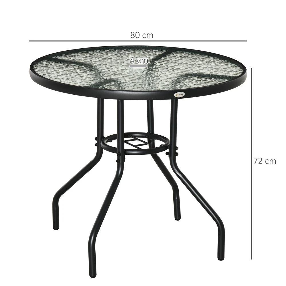 Unbranded Outdoor Round Dining Table Tempered Glass Top Steel w/ Parasol Hole 80cm - Uncategorized Garden Table