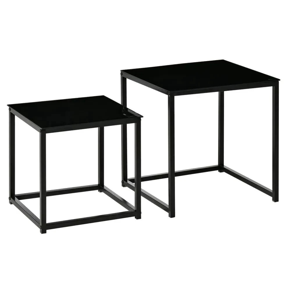 Unbranded Nest of 2 Side Tables Set of Bedside Tables w/ Tempered Glass Desktop Black - Uncategorized Nest of Tables
