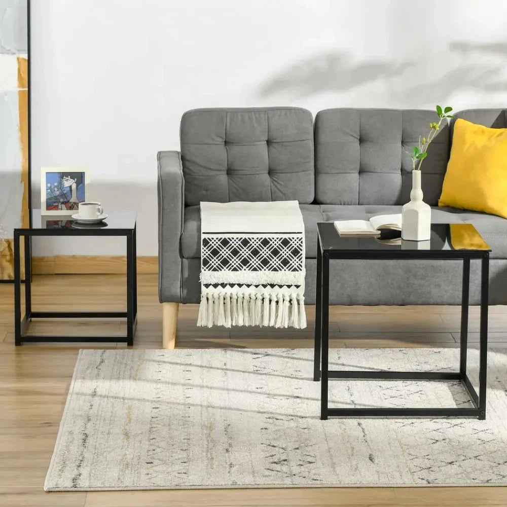 Unbranded Nest of 2 Side Tables Set of Bedside Tables w/ Tempered Glass Desktop Black - Uncategorized Nest of Tables